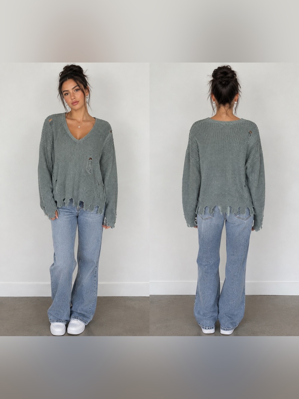 Distressed V-Neck Sweater in Sage Green
